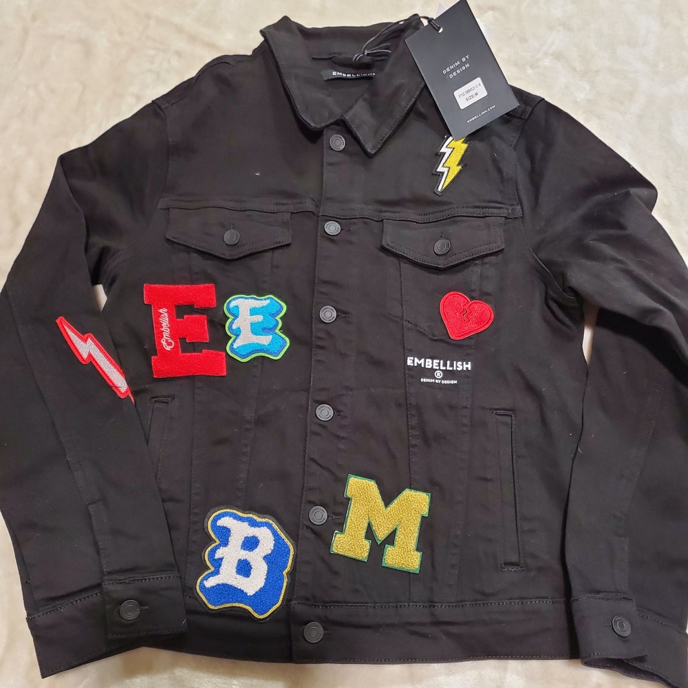 NWT Embellish NYC 'Devin' Black Denim Jacket w/ Varsity Patches